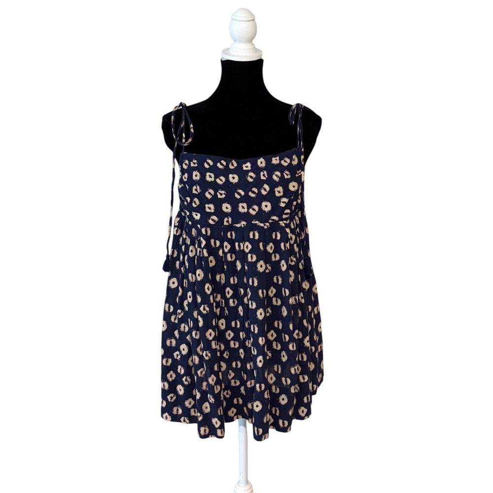 Free People Beach Dress M Navy‎ Ikat Print Tie Strap Babydoll Mini Boho Tunic